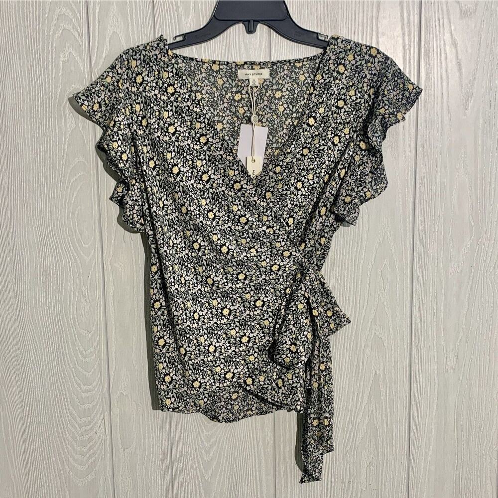 Max Studio Black Yellow Floral Wrap Top Size Small NWT
